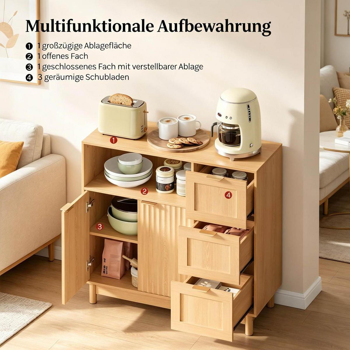 SIDEBOARD 90/35/80 cm Holz aus MDF und Spanplatte mit Stauraum - Eichefarben, Holzwerkstoff (35/80/90cm) - OKWISH