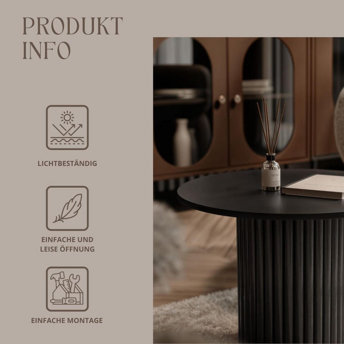 COUCHTISCH BARNEY mit geriffeltem Sockel, schwarz - Schwarz, Holzwerkstoff/Metall (60/60/38cm) - Idohome