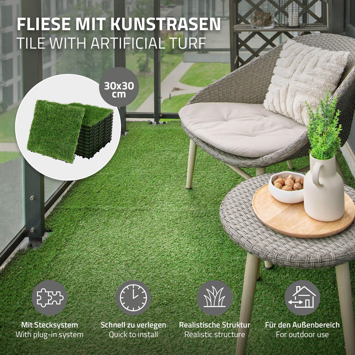 KUNSTRASEN FLIESEN 30x30 cm/55 Stück=5m² mit Klicksystem und Drainage - Grün, Kunststoff (30/30/3.5cm) - ML-DESIGN
