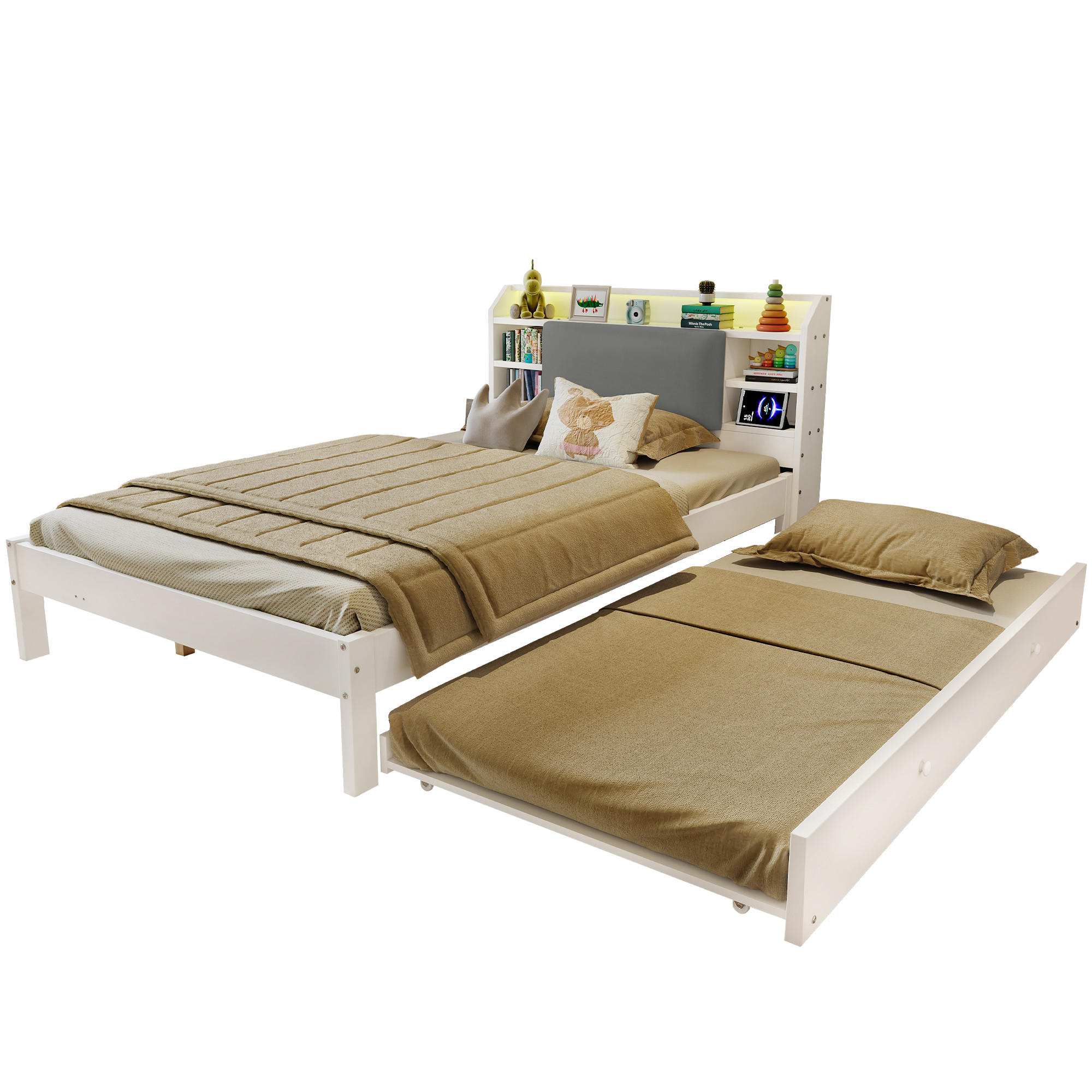 BETT 120/200 cm in Weiß mit Ausziehbett, gepolstertem Kopfteil, Kopfteilregal, LED und Ladestation aus Holz - Weiß/Grau, Holzwerkstoff (120/200cm) - STILVORA