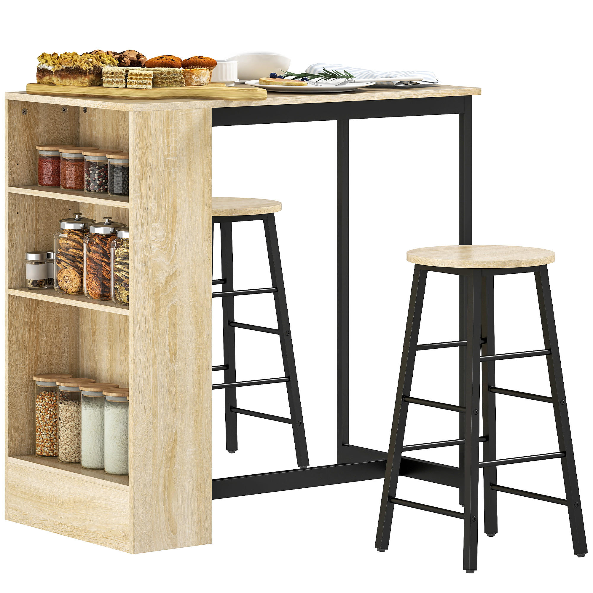 BARTISCH-SET DE-14758 mit 2 Hockern & verstellbarer Ablage Eiche/Schwarz - Eichefarben, Holzwerkstoff (91/49/91cm) - ComfortXL