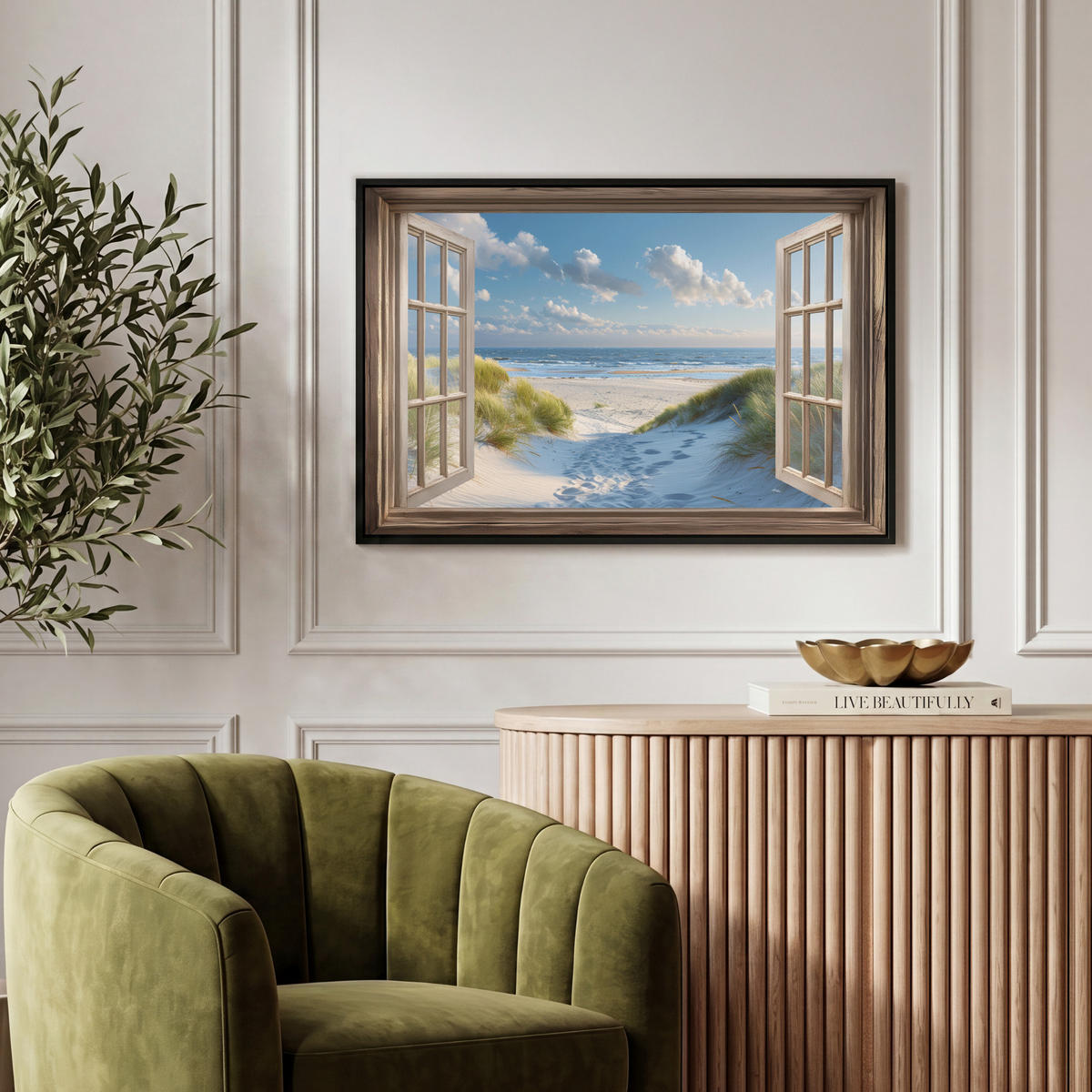 LEINWAND Bilder mit Rahmen - Aussicht - Strand - Fenster - Dünen - Meer - 60x40 - Hellblau, Textil (60/40cm) - MuchoWow
