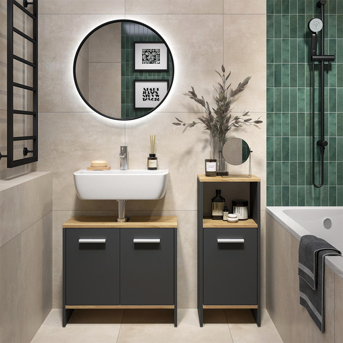 SESTAVA KOUPELNOVÉHO NÁBYTKU Karli Antracit/zlatý dub - antracitová, kompozitní dřevo (63.8/57/26.3cm) - Vicco