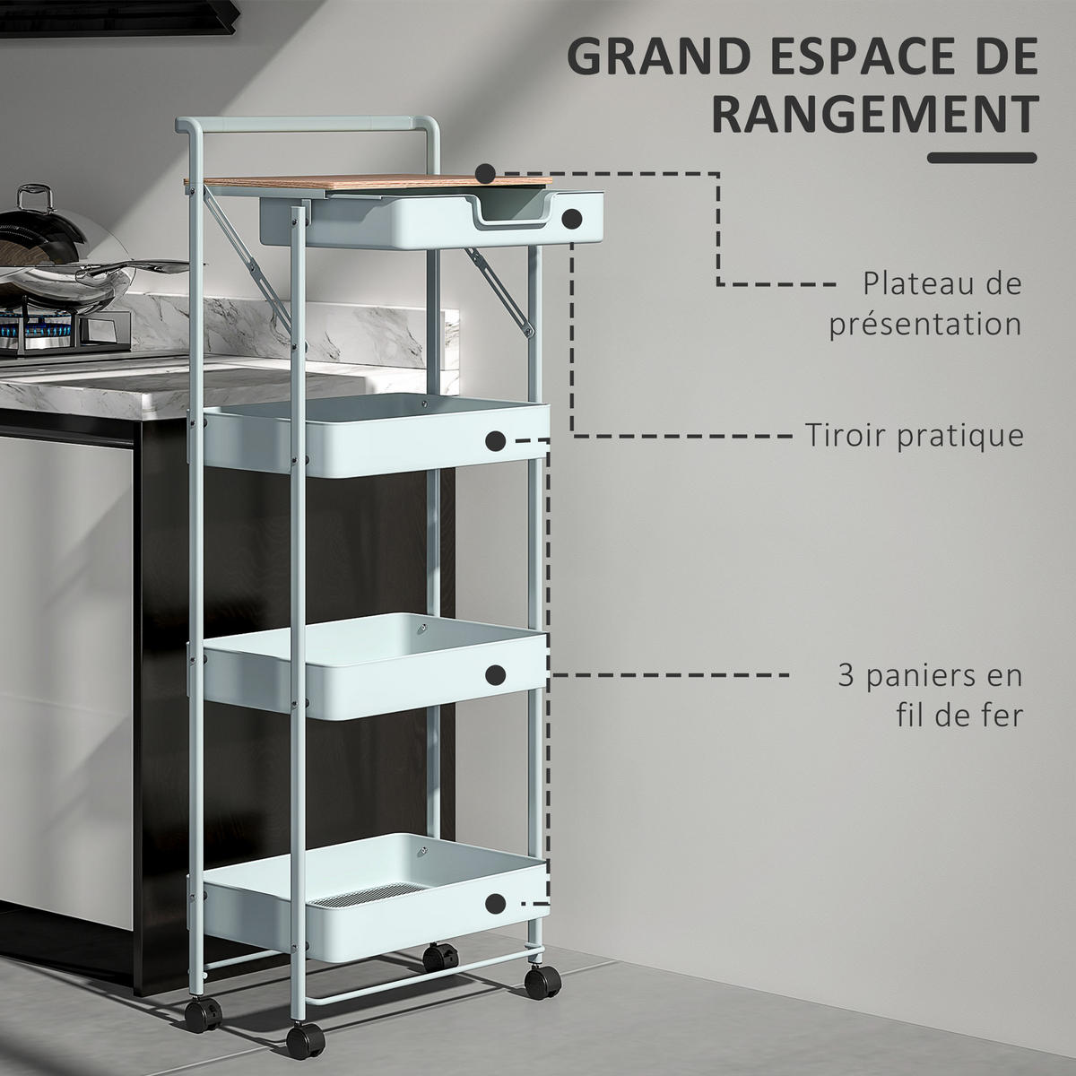 SERVIERWAGEN DE-12452 4 Ebenen mit Schublade und Plateau Grün - Grün, Kunststoff (29.5/117.5/45cm) - ComfortXL