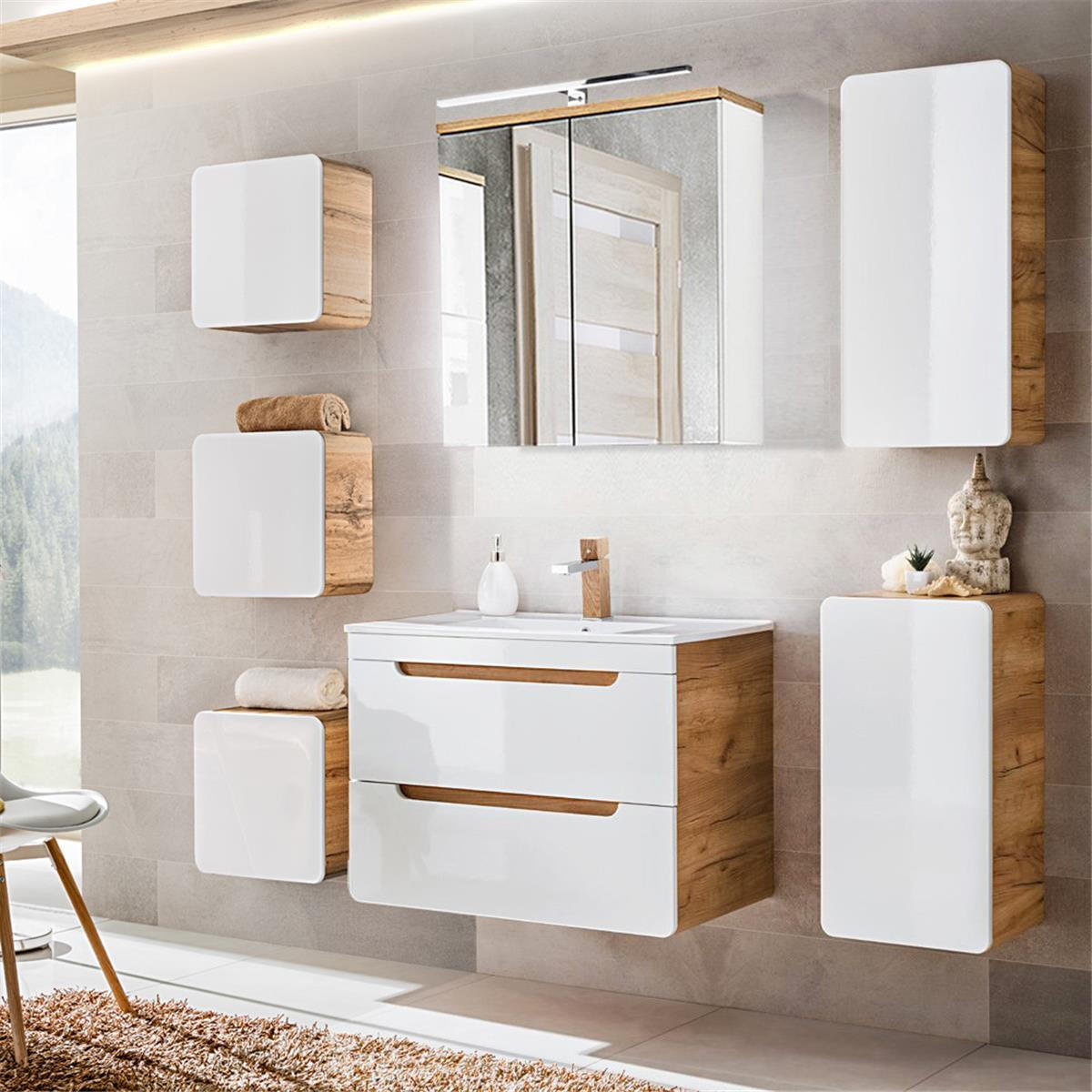 BADMÖBEL-SET 7-TLG. Luton-56 - Weiß, Holzwerkstoff (180/200/46cm) - Lomado