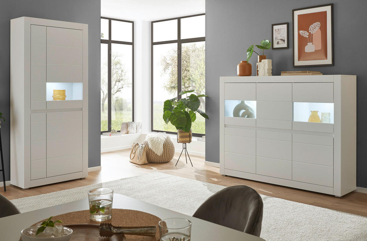VITRINE weiß matt, Evoke Eiche, Vitrinenschrank 85 x 198 cm, Soft-Close-Funktion - Eichefarben/Silberfarben, Holzwerkstoff/Kunststoff (85/198/35cm) - Furn.Design