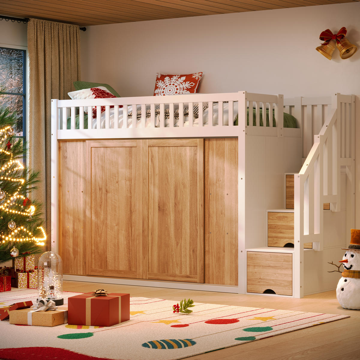 HOCHBETT 90/200 cm in Weiß & Eiche mit Kleiderschrank, Treppenschrank und LED - Weiß, Holz/Holzwerkstoff (90/200cm) - WISHDOR