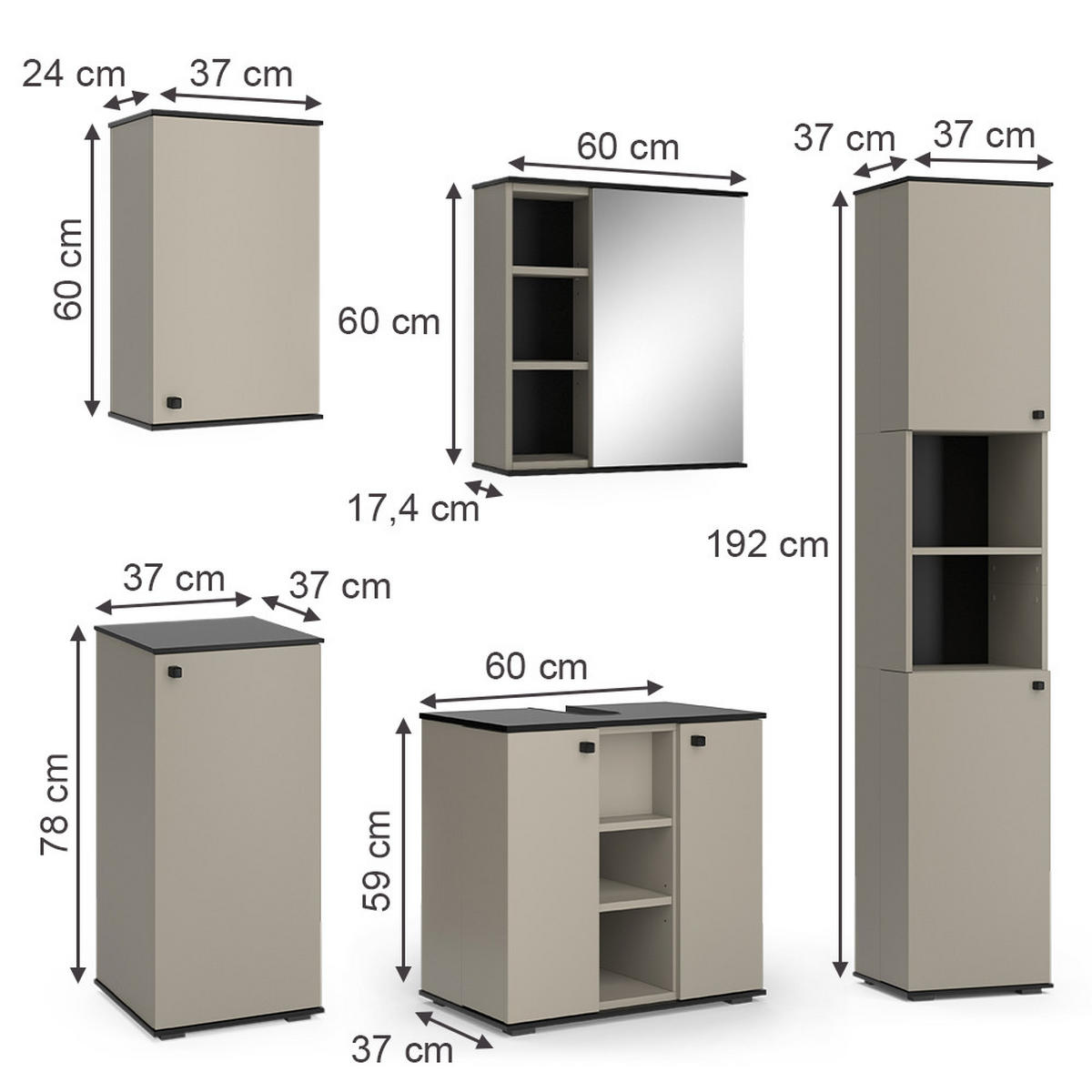 BADMÖBEL-SET Joli Greige 5 Teile - Greige/Schwarz, Holzwerkstoff (60/59/37cm) - Vicco