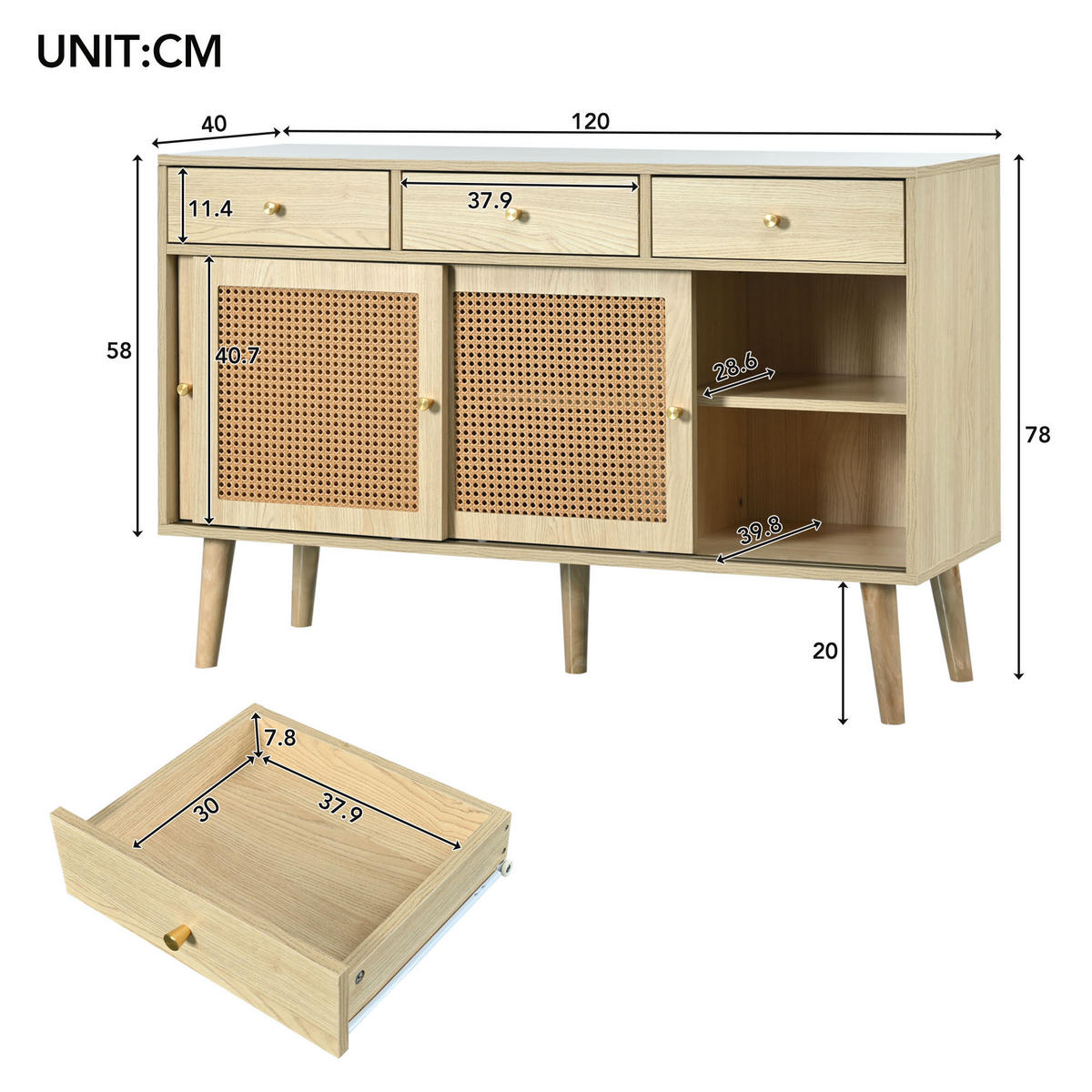SIDEBOARD Hellbraun 120/40/78 cm - Braun, Holzwerkstoff (40/78/120cm) - Urban Meuble