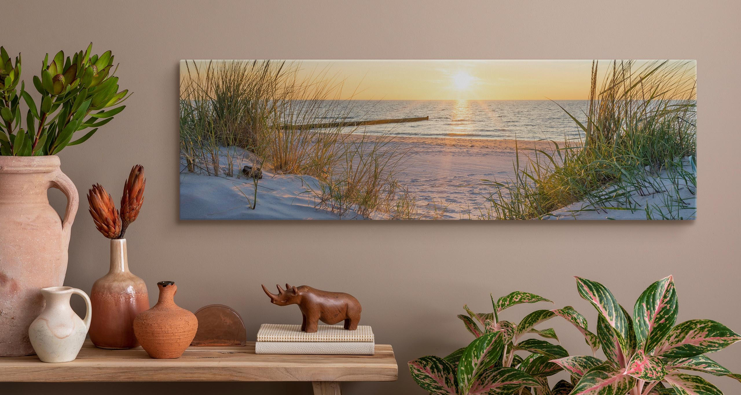 Thumbnail - Muralo Panoramabild, Beige, Grün, Gelb, Grau, Textil, Kiefer, Wasser/Strand/Meer, Rechteckig, 145x45 cm, einfache und sc...