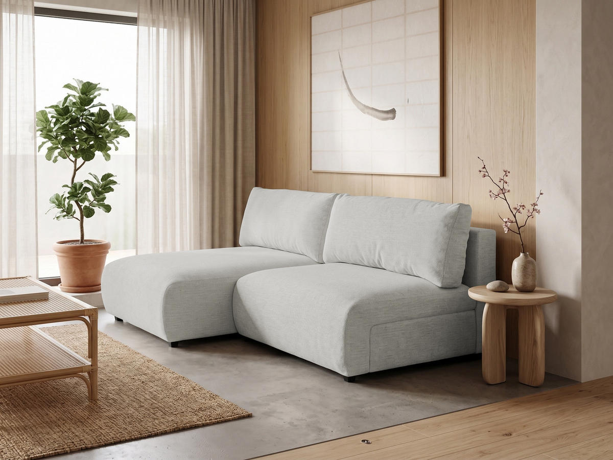 ECKSOFA Sora mit Schlaffunktion, Bettkasten und extra tiefer Komfortzone aus hochwertigem Hellgrau Strukturstoff - Hellgrau/Schwarz, Holz/Kunststoff (140/200cm) - S-Style