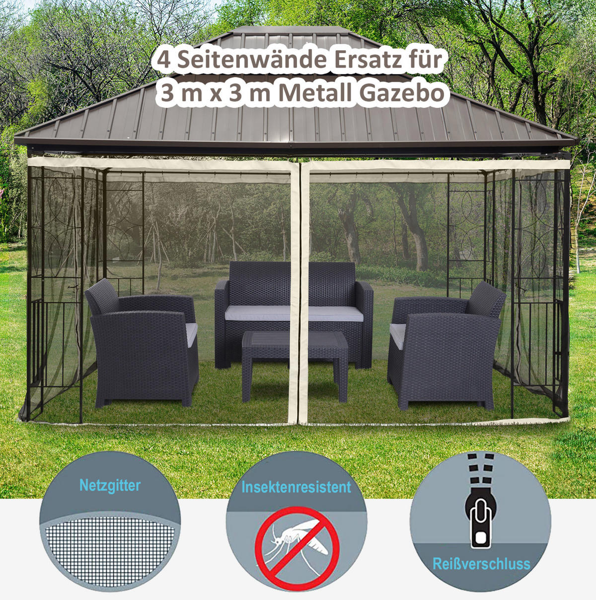 MOSKITONETZ für Pavillon 300/400 cm mit Reißverschluss und Nylon-Mesh-Insektenschutz, Schwarz - Schwarz, Textil (207/1/352cm) - Redom