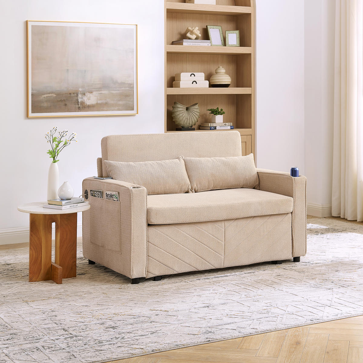 SCHLAFSOFA 134/82/73 cm Beige mit USB Charging und Aufbewahrungstasche - Beige, Textil (134/73/195cm) - Oxeza
