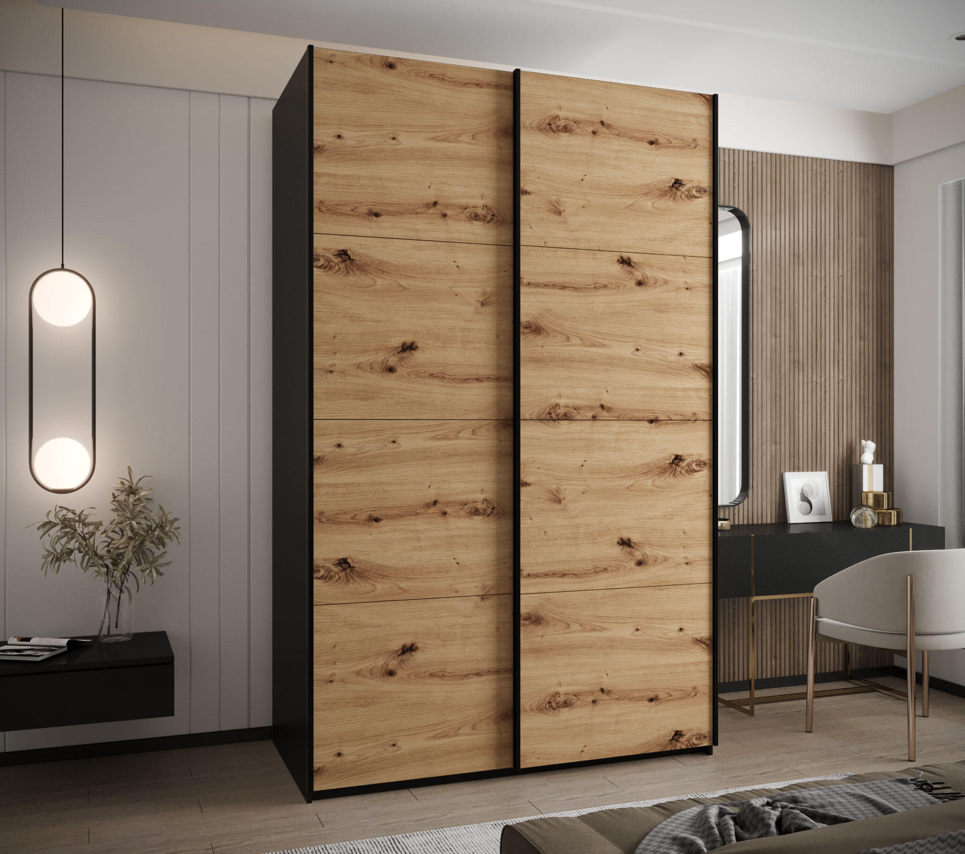 SCHWEBETÜRENSCHRANK 245,5/160/64 2-türig - Schwarz/Eiche Artisan, Holz/Metall (160/245/64cm) - Abiks Möbel