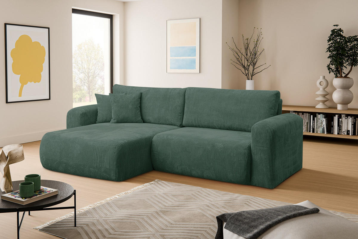 ECKSOFA Roma, Eckcouch in L-Form mit Schlaffunktion und Bettkasten, Farbe: Grün, Cordstoff, Ottomane Universal - Grün, Textil (244/142cm) - VENASI MÖBEL