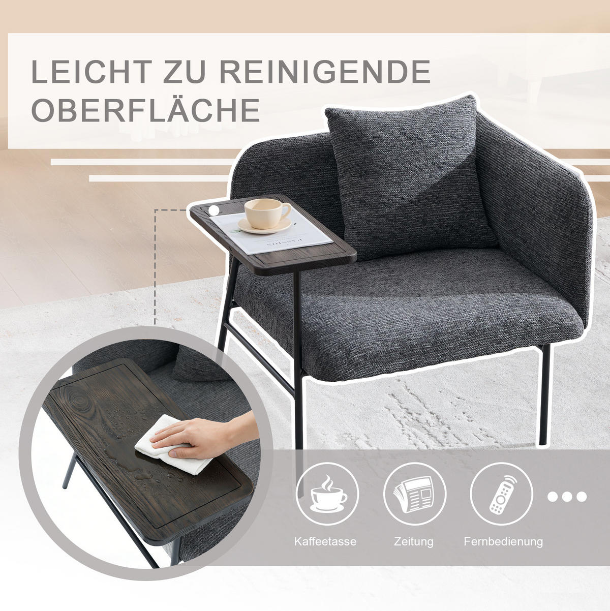 SESSEL 86/72/71 cm in Dunkelgrau mit Beistelltisch und Seitentaschen - Dunkelgrau, Textil (86/71/72cm) - BEAOK