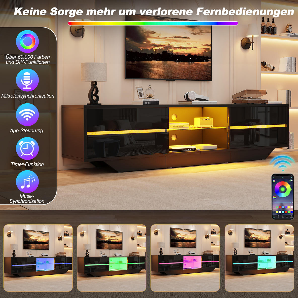 TV-LOWBOARD 160x35x44.5cm Schwarz mit LED und 2 Türen - Schwarz, Holzwerkstoff (160/44.5/35cm) - FLIEKS