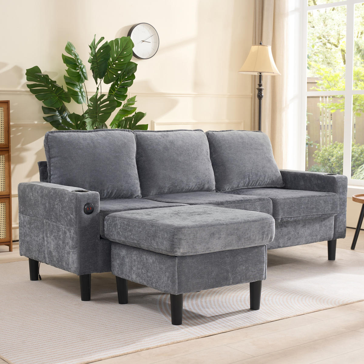 ECKSOFA Gepolstertes 3-Sitzer mit Fußhocker und USB und Typ-C-Anschlüssen Grau Leinen 202/137/80 cm - Grau, Textil (202/137cm) - OKWISH