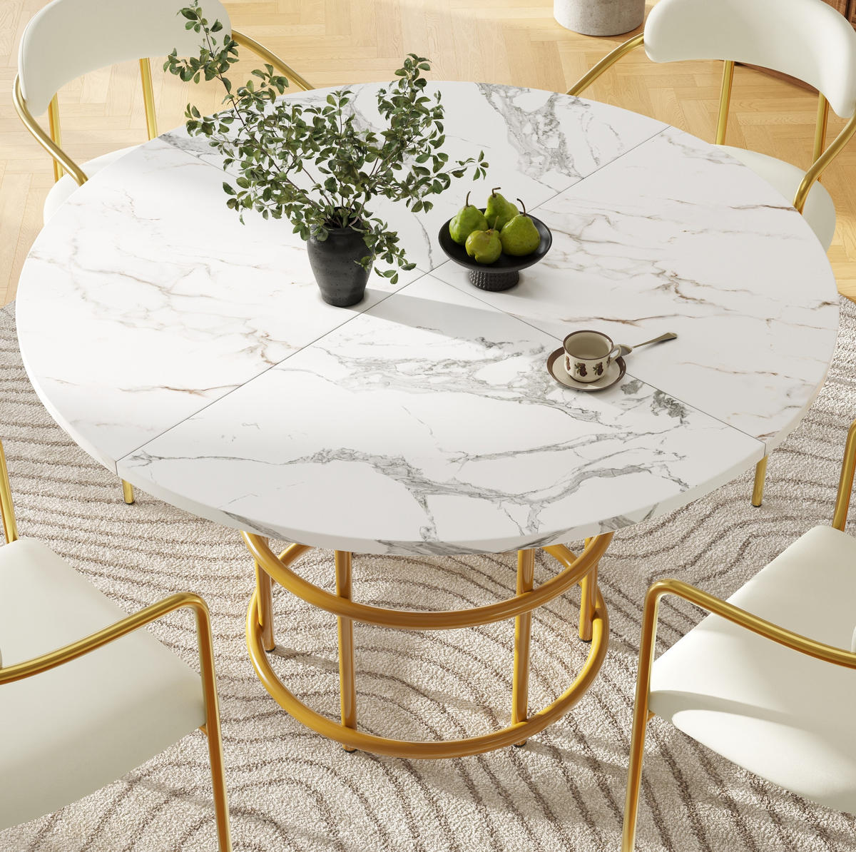 ESSTISCH 100x100x76 cm in Weiß und Gold aus MDF mit Marmoroptik auf goldfarbenem Metallgestell - Goldfarben, Holzwerkstoff (100/100/76cm) - Modfu