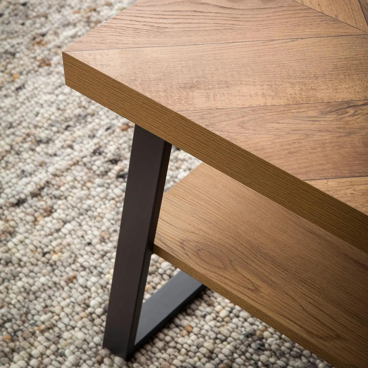 COUCHTISCH Braun Fischgrät-Muster 100x40x41cm mit Ablage und Metallgestell - Schwarz/Braun, Holz/Metall (40/100/41cm) - KADIMA DESIGN