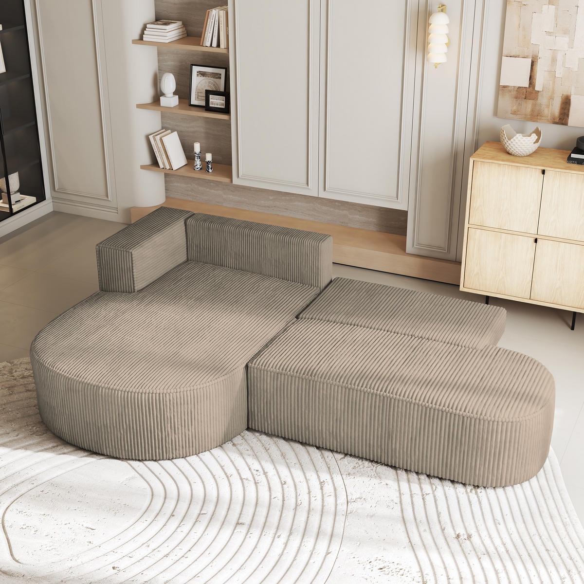 ECKSOFA CORTIO P L-S Beige Kordstoff mit Schlaffunktion - Beige, Holz (265/174cm) - MASSENO