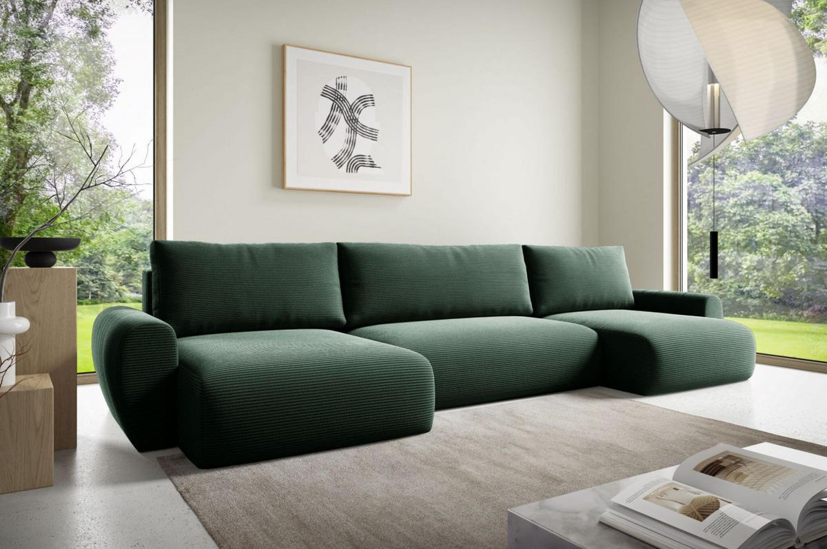 WOHNLANDSCHAFT Galan Mit Schlaffunktion - Grün, Holzwerkstoff/Textil (397/70/153cm) - Fun Möbel