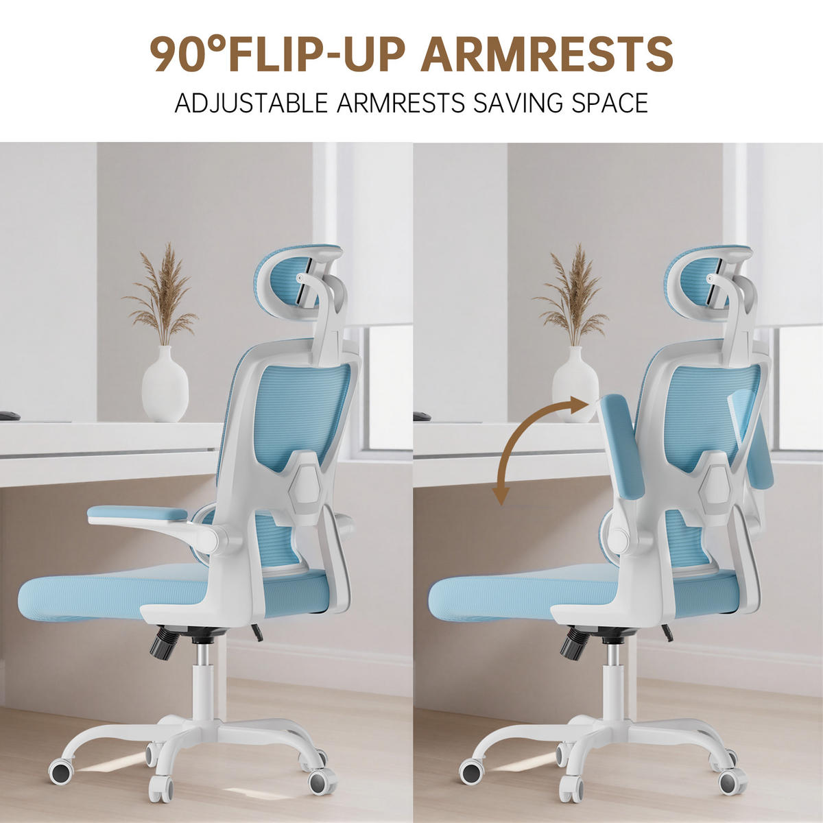 BÜROSTUHL Weiß-Blau ergonomisch mit klappbaren Armlehnen - Blau, Metall (25/52.5/65cm) - Rattrix
