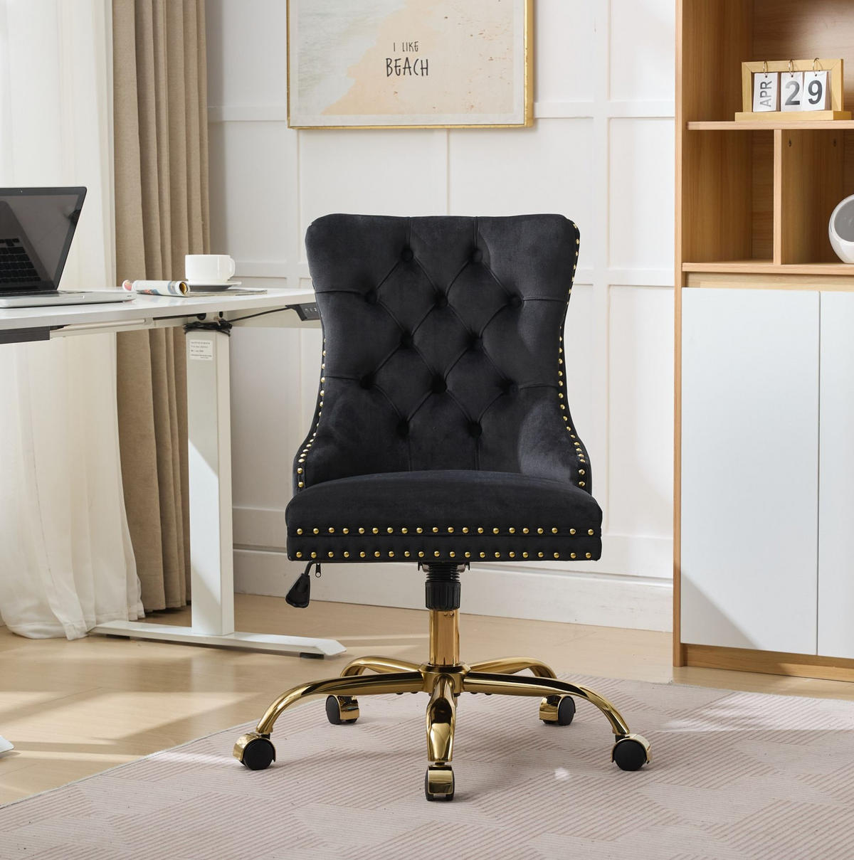 BÜROSTUHL Samt Schwarz mit goldfarbenem Metallgestell - Schwarz, Metall (50/98/63cm) - Meubliv