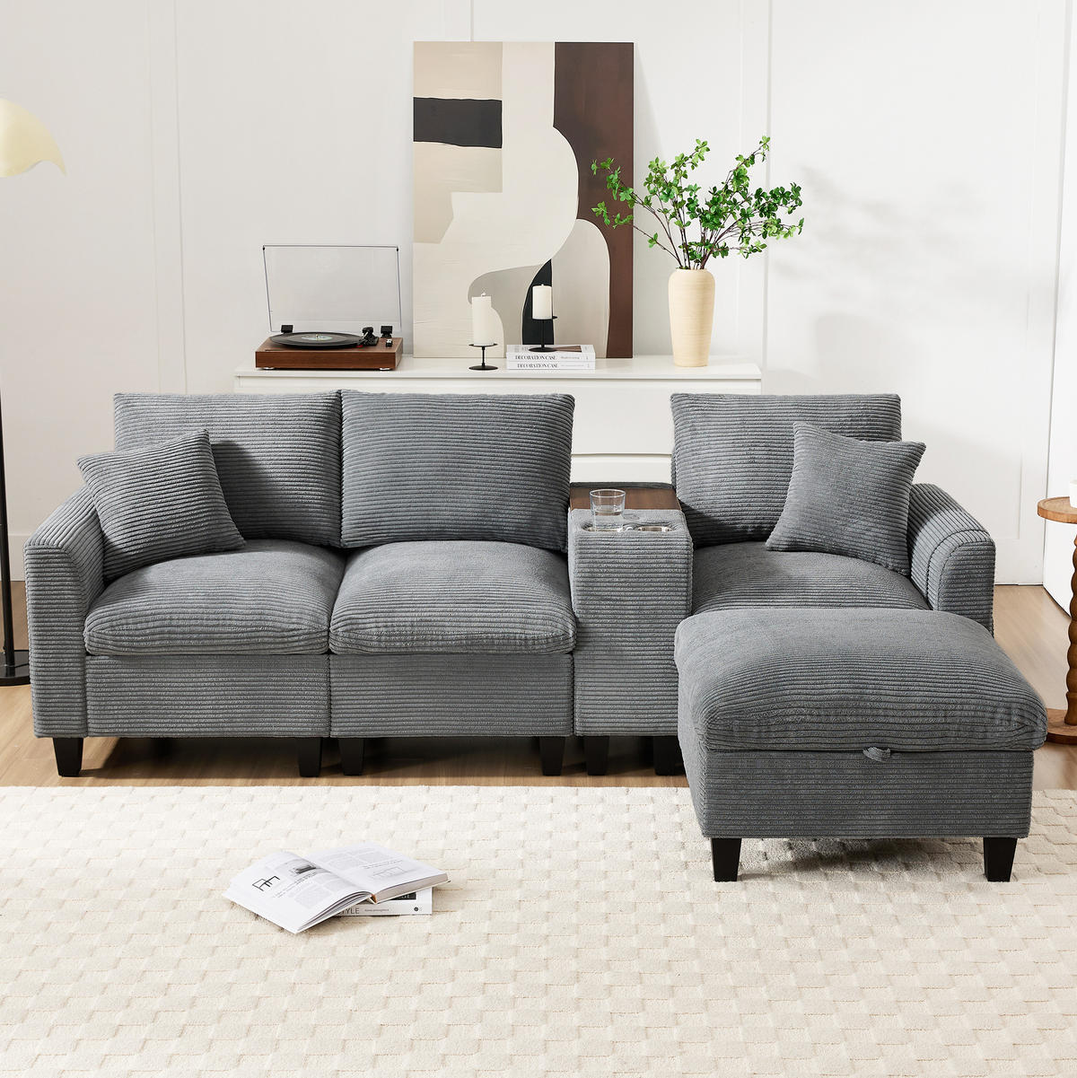 WOHNLANDSCHAFT aus Cord 229x149,5x83 cm Grau mit USB-Anschlüssen, Mittelkonsole, Becherhaltern und Stauraumhocker - Grau, Textil (149.5/229cm) - Modfu