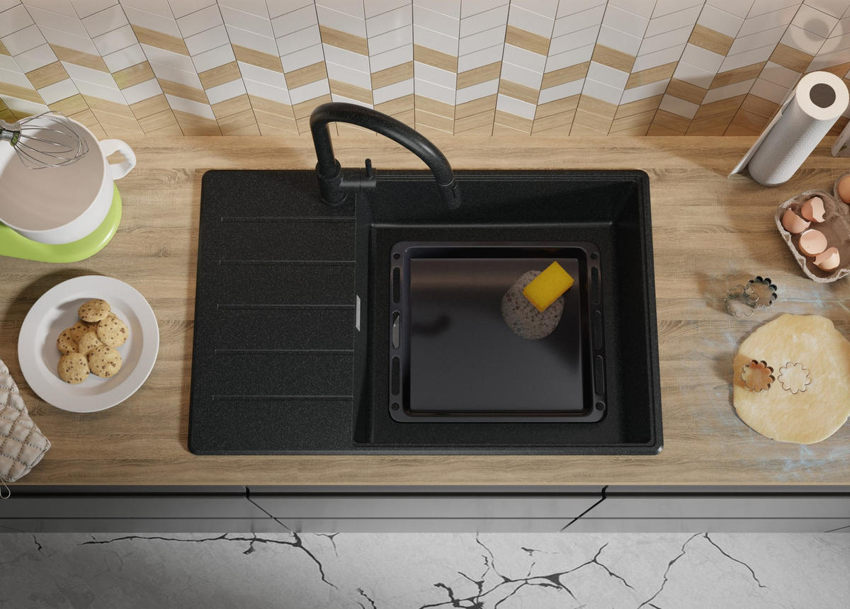 SPÜLBECKEN Kopenhagen, 2-er set Anthrazit 78/50 cm 1 Becken + Ablauf-Set + Schneidebrett ab 60er Unterschrank - Chromfarben/Anthrazit, Kunststoff (78/20/50cm) - Primagran