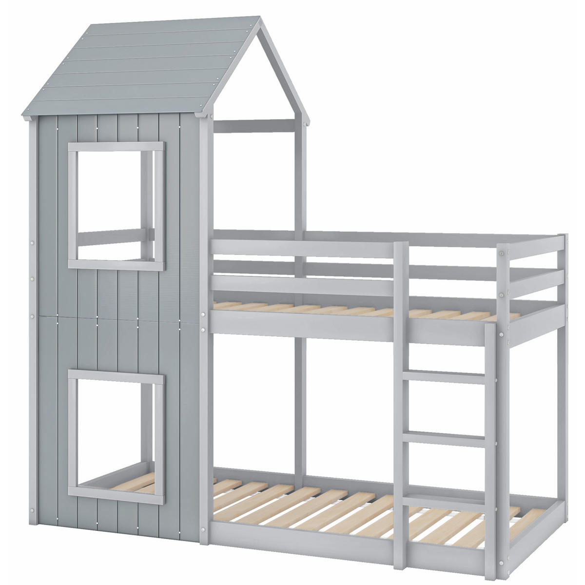 ETAGENBETT 90/200 cm Grau aus massivem Kiefernholz mit Leiter und Baldachin - Grau, Holzwerkstoff (90/200cm) - OKWISH
