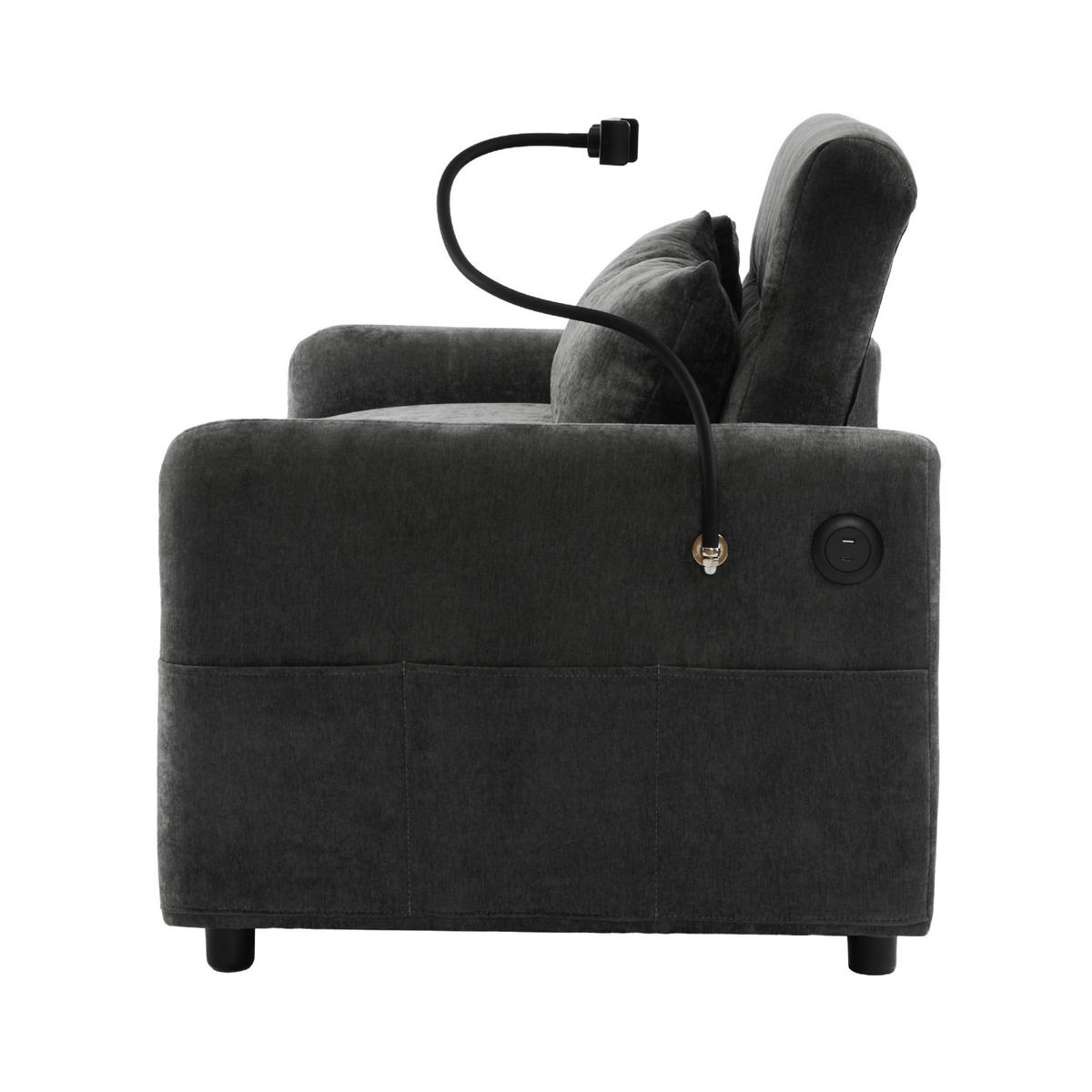 SCHLAFSOFA Doppel mit Schlaffunktion verstellbarer Rückenlehne Handyhalter & USB-Anschluss Grau 129/163/81 cm - Grau, Textil (129/81/76cm) - OKWISH