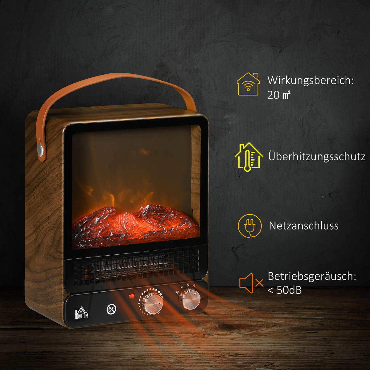 ELEKTROKAMIN mit Flammeneffekt, 750/1500W, für Wohnzimmer & Innenräume - Braun, Metall (17.5/37.4/30.3cm) - HOMCOM