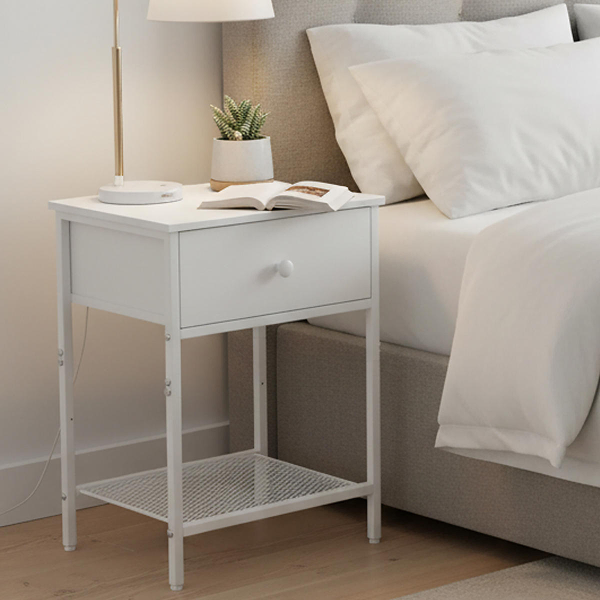 2XNACHTTISCH - Weiß, Holzwerkstoff/Textil (40/60/40cm) - Relaxdays