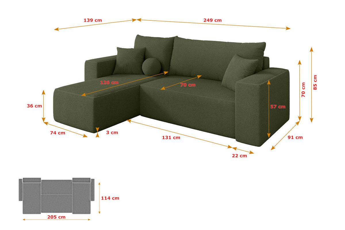 ROHOVÁ SEDAČKA s funkcí spaní, otoman vlevo SENO-L 249x139x85 zelená bouclé - černá/zelená barva, kompozitní dřevo/textil (249/139cm) - ALTDECOR