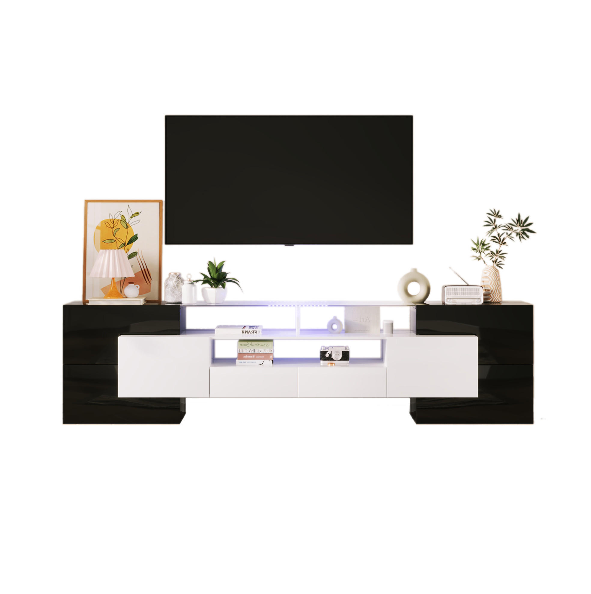 TV-LOWBOARD 200/35/60 cm mit 4 Türen, 2 Schubladen und LED-Beleuchtung - Schwarz, Holzwerkstoff (200/60/35cm) - BEAOK