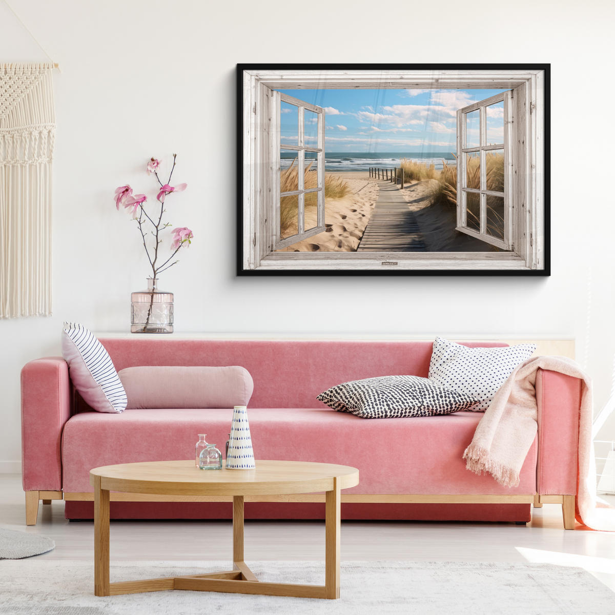 ZARÁMOVANÝ PLAGÁT Okno - more - pobrežie - príroda - výhľad - pláž - Waddenské more 120x80 cm - béžová, papier (120/80cm) - MuchoWow
