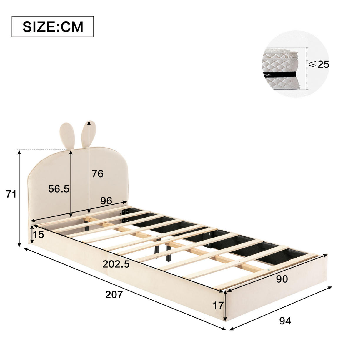 OTROŠKA postelja 90/200 cm bež z zajčjim vzglavjem in lesenimi letvicami iz žameta - bež, tekstil (90/200cm) - OKWISH