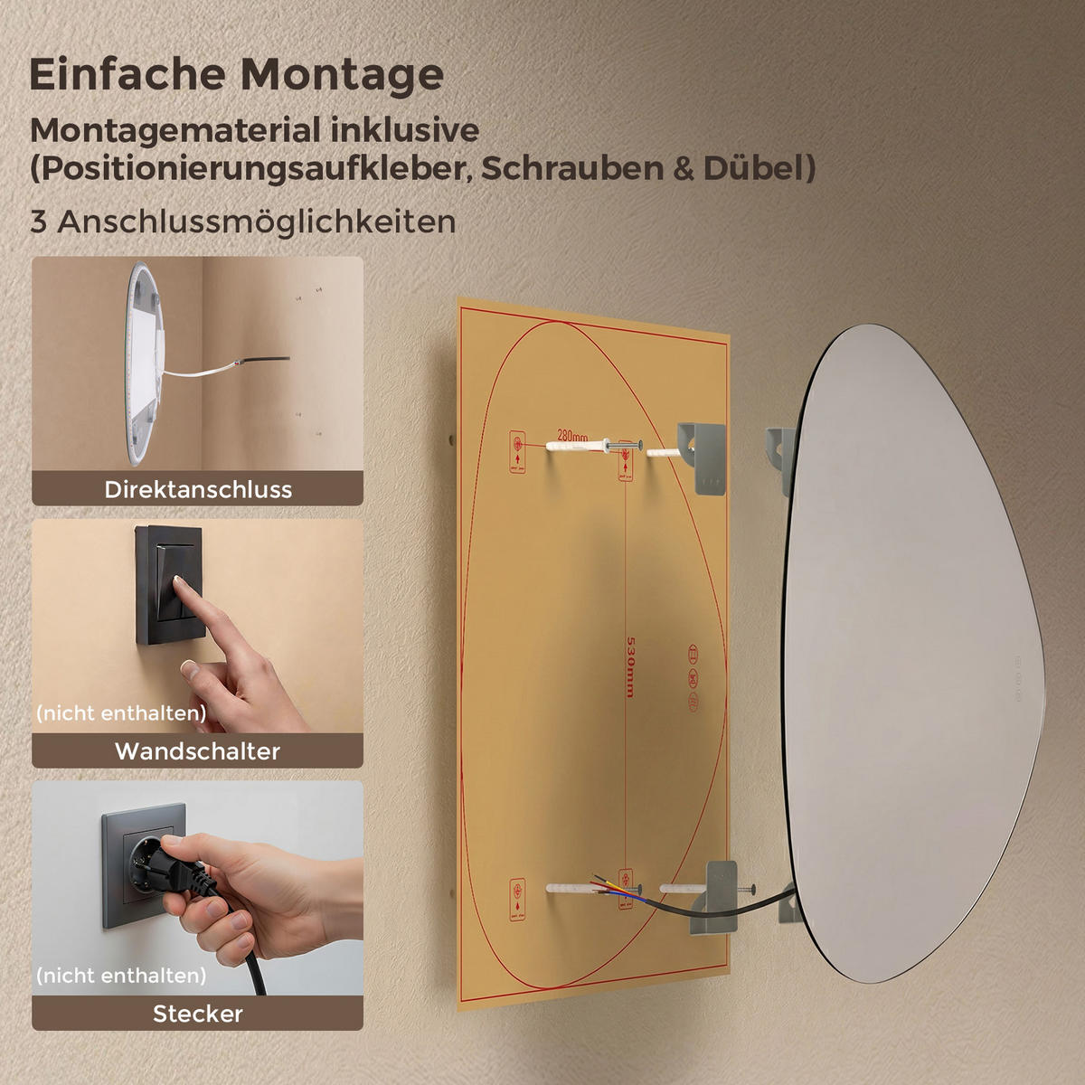 BADEZIMMERSPIEGEL mit Beleuchtung 80/70 cm asymmetrisch rahmenlos LED dimmbar mit Antibeschlag - Transparent, Glas (80/70/2.5cm) - S'AFIELINA