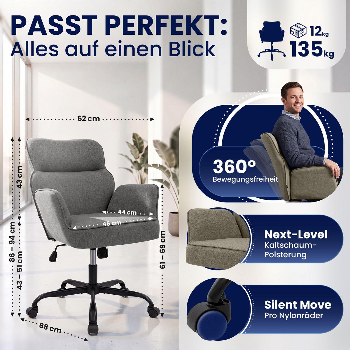 DREHSTUHL Stoff Grau - Schwarz/Grau, Textil (62/86/68cm) - CLP