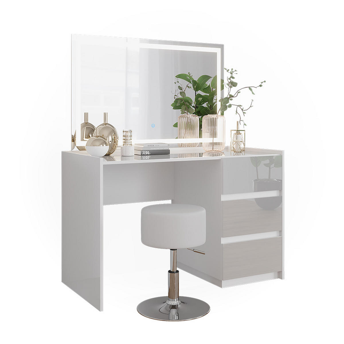 SCHMINKTISCH Marla Weiß Hochglanz 120 cm mit LED-Spiegel und Hocker - Weiß Hochglanz, Holzwerkstoff (120/78.6/60cm) - Vicco