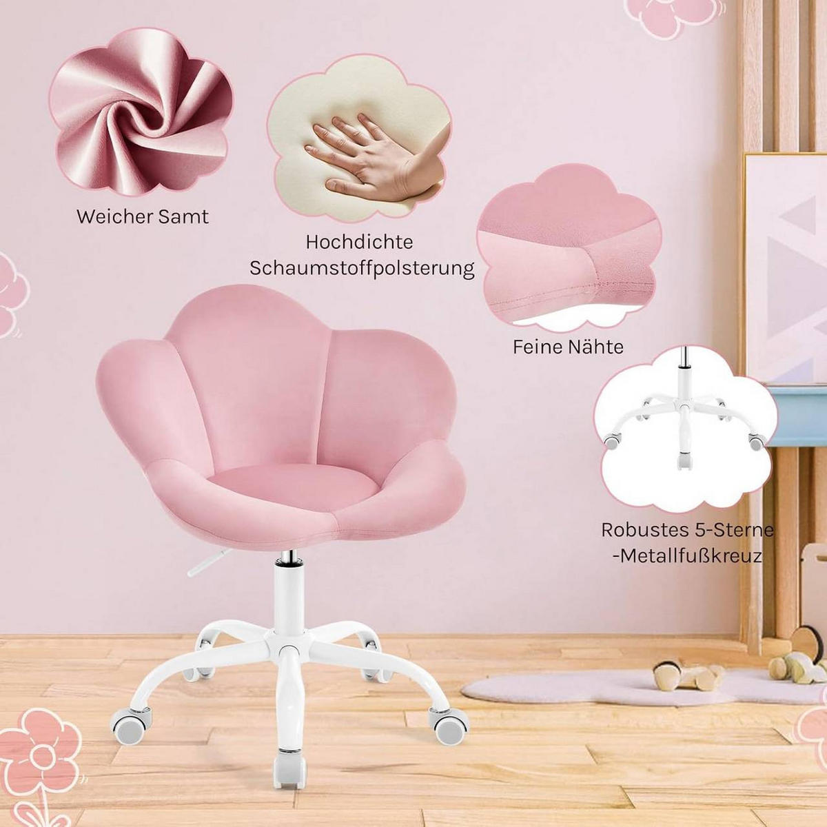 DREHSTUHL Kinder, blumenförmig, Samt, Hellrosa - Hellrosa/Weiß, Kunststoff/Textil (62/71/51cm) - Woltu