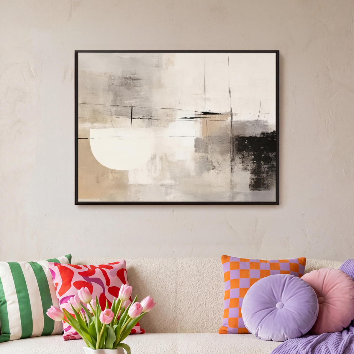LEINWAND Bilder mit Rahmen - Abstrakt - Kunst - Grau - 80x60 - Hellgrau, Textil (80/60cm) - MuchoWow