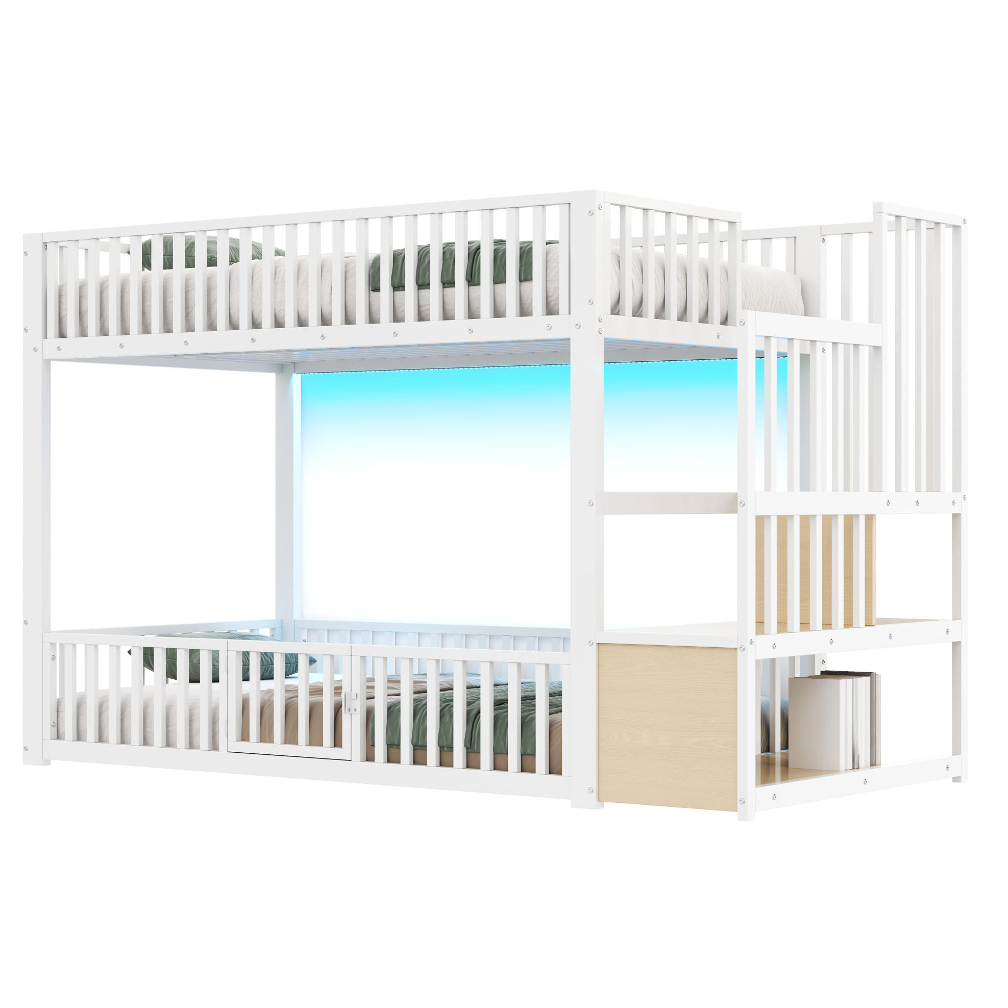 OKWISH PATROVÁ postel 90/200 cm bílá z MDF a kovu s LED a úložným schodištěm