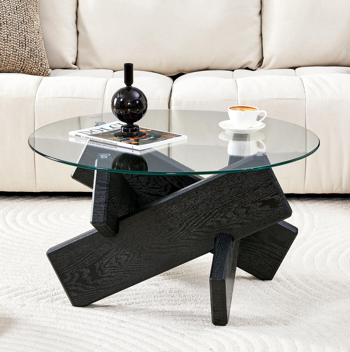 COUCHTISCH, MDF mit Holzmaserung & 0,8 cm gehärtetes Glas, kreuzförmige Stütze, 79/79/45 cm, schwarz/transparent - Schwarz, Holzwerkstoff (79/79/45cm) - Redom