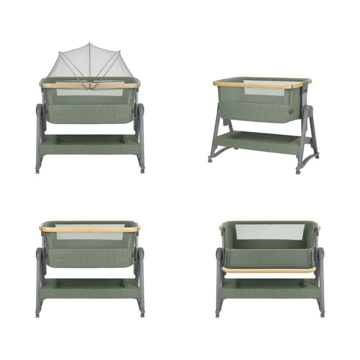 BEISTELLBETT Nanna 2 grün 100 x 48 cm, Schaukelstäbe, Anti-Reflux, Moskitonetz, Räder mit Bremse - Grün, Metall (48/100cm) - Kikka boo