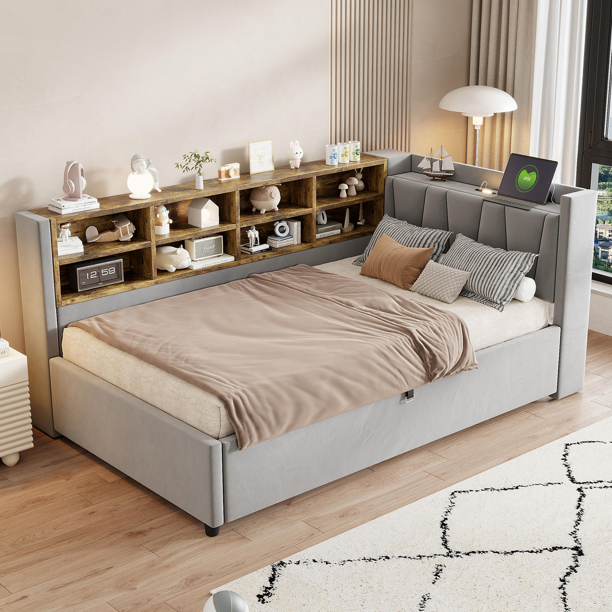 POLSTERBETT 90/200 cm Hellgrau mit Stauraum mit LED-Beleuchtung aus Samt - Hellgrau, Textil (90/200cm) - OKWISH