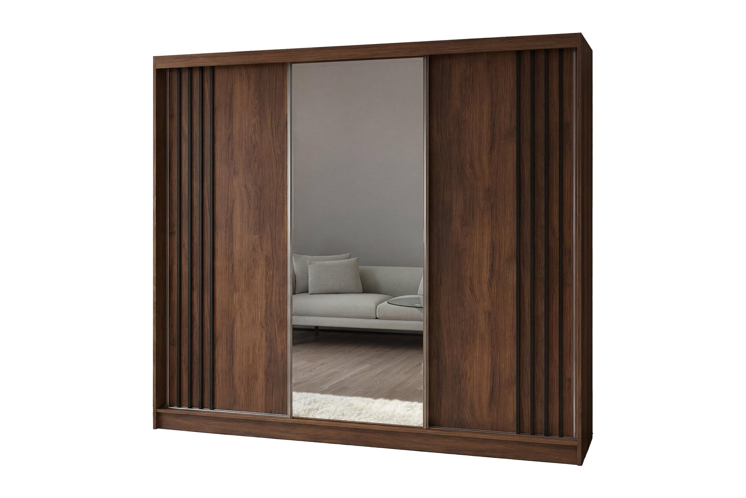 SCHWEBETÜRENSCHRANK NELVIA 240/216/61 cm Modern Kleiderschrank 3-türig mit Spiegel Nussbaumfarben - Nussbaumfarben, Holzwerkstoff (240/216/61cm) - MASSENO
