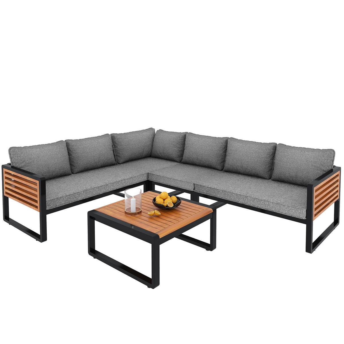 LOUNGESET Modern Grau Mit Verzinktem Rahmen & Holzarmlehnen - Grau, Metall - FLIEKS