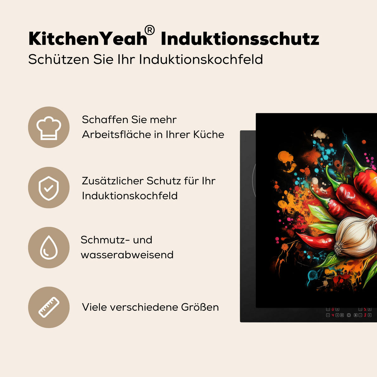 HERDABDECKPLATTE Gemüse - Paprika - Knoblauch - Graffiti - Farbe - Bunt 76x51 cm - Rot, Kunststoff (76/51.5/0.2cm) - MuchoWow